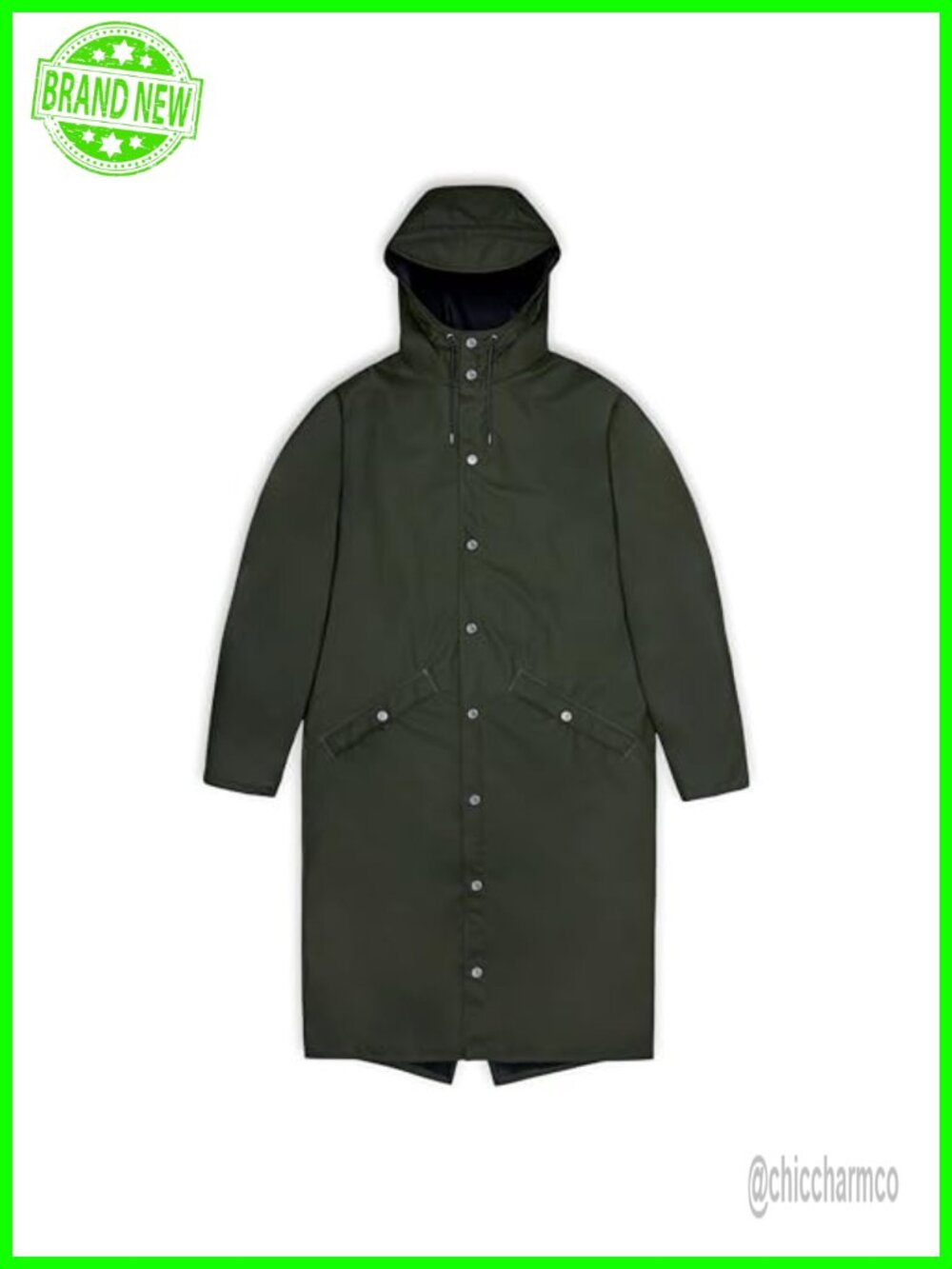 RAINS Longer Waterproof Hooded Raincoat Womens Mid-Length Rain Jacket